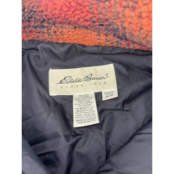 Eddie Bauer Long Sleeve Orange Red Blue Plaid Fleece Shacket Lined Button Up M - Picture 3 of 9